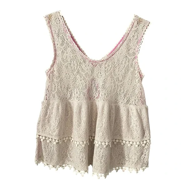 Free People Ivory Lace Pink Lined Babydoll Tank Top Keyhole Back Pom Trim Medium - Picture 1 of 7